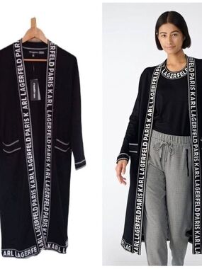 Karl Lagerfeld Black Knit Long Cardigan with Logo Trim